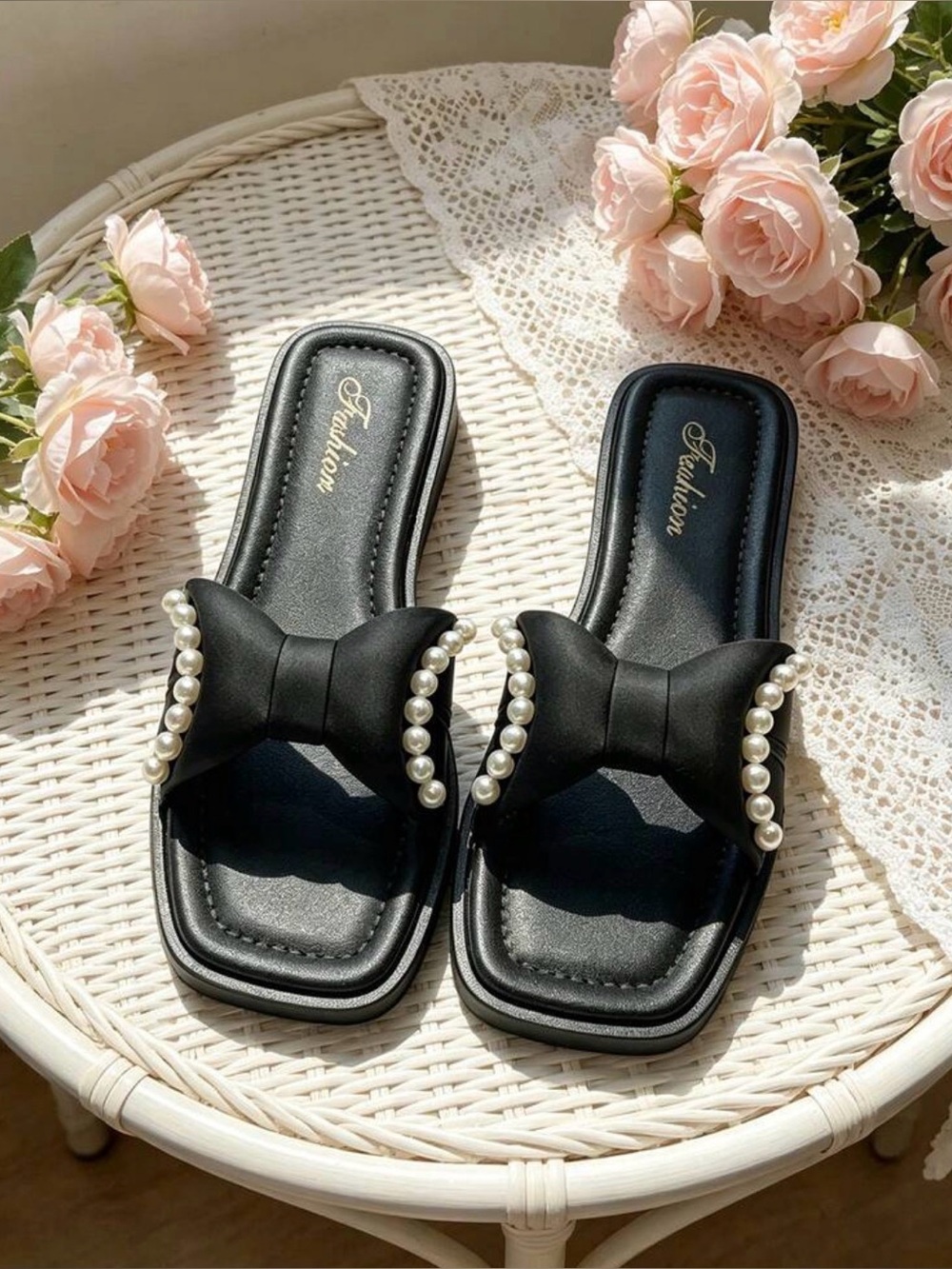 Pearl Bow Tie Slide Sandals Black New Size 36-37 US 6-6.5